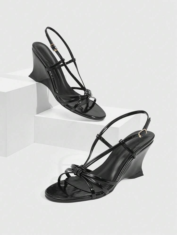 CUCCOO SZL Women's Black Patent Leather Strap Buckle Design Comfortable Round Toe Wedge Sandals Summer Shoes