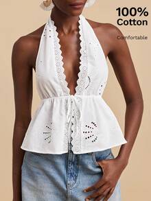 Travachic 2026 New Spring/Summer Sleeveless Lace Trim Embroidered Halter Neck Fitted Blouse, Suitable For Vacation/Casual/Date/Beach/Travel,Summer Top - White - View 2