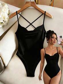 Franclia 修身性感吊带深V领交叉露背吊带背心（女士款） - 黑色 - 查看 1