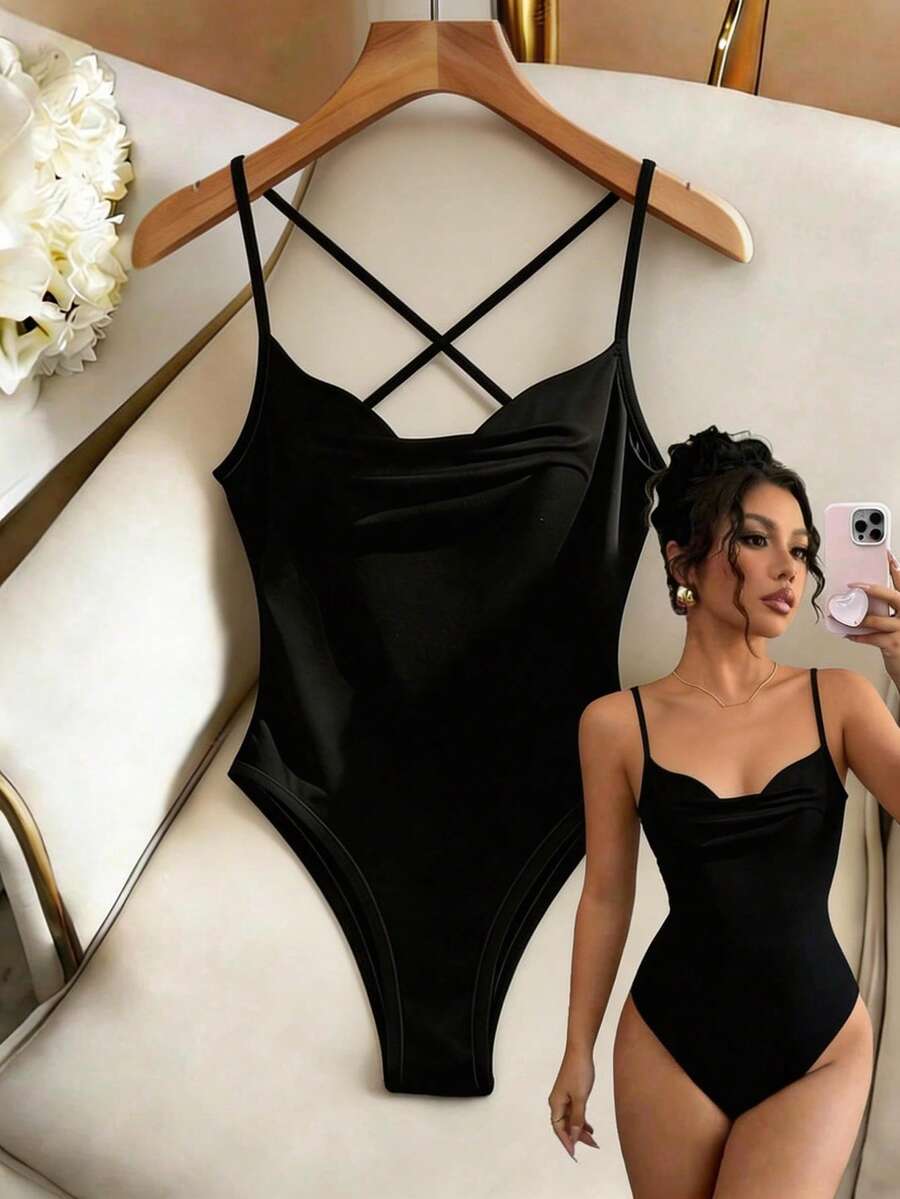 Franclia 修身性感吊带深V领交叉露背吊带背心（女士款） - 黑色 - 查看 1