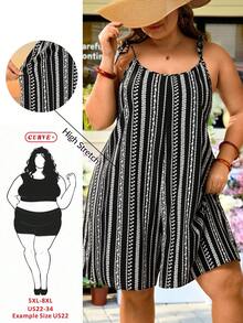 SHEIN CURVE+ Curve 尺码 US22 音乐节、海滨度假、波西米亚风女士休闲几何印花连体裤 - 黑與白 - 查看 6