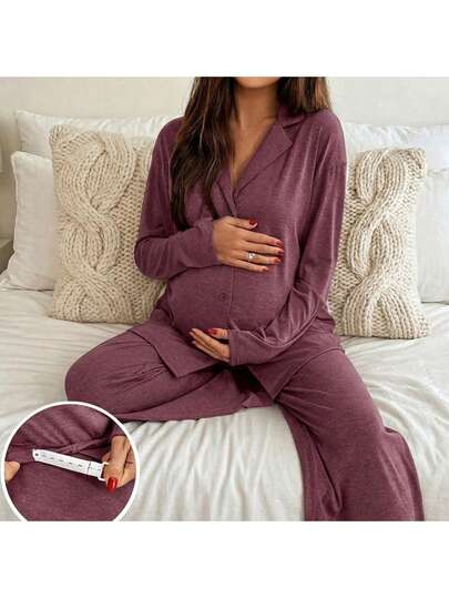 2pcs Maternity Solid Color Casual Long Sleeve Top And Pants Set High-Elastic Sleepwear Burgundy Loungewear Women Sleep Wear Women Maternity Sets 2 Pieces Lounge Sets Woman Purple Twilight