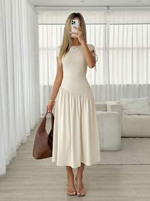 Easowa Women's Asymmetrical Asymmetric Shoulder Ruched Tie Bow Decor Dress - Apricot - View 5
