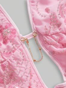 ROMWE 重磅刺绣亮片装饰露背垂坠领海滩度假性感女式背心 - 粉色 - 查看 3