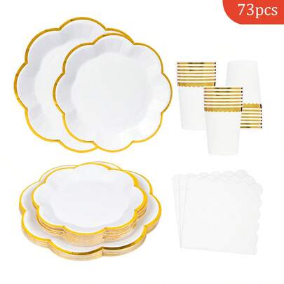 A Set Of Disposable Plates, Napkins, Paper Cups, And Party Supplies With White Gold Floral Edges And Gold Borders, Suitable For 16 Guests, Birthdays, Weddings, Themed Parties, Family Picnics, Disposable Plates, And Party Supplies