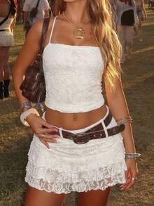 SHEIN EZwear 2pcs/Set Women White Jacquard Top & Mini Skirt - White - View 1