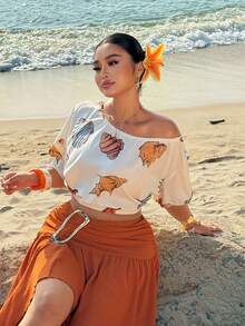 Sunnyshic Plus Size Women's 2026 New Design Seashell Pattern Fashion Asymmetrical Shoulder Short Sleeve Waist Crop Shirt, Suitable For Graduation Party, Cosplay, Elegant, Fashionable, Casual Women's Beach Outfits Greece Outfits For Women - Multicolor - View 5