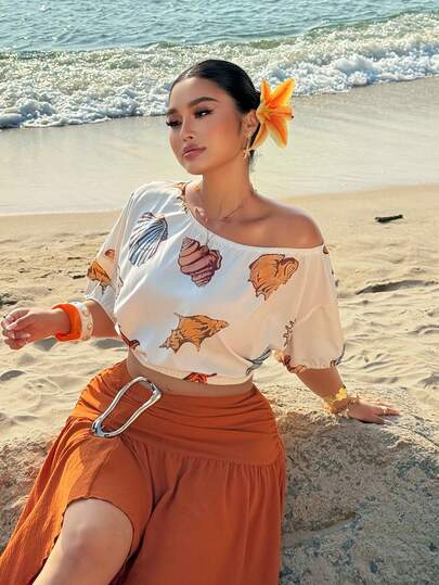 Sunnyshic Plus Size Women's 2026 New Design Fashionable Off-Shoulder Short Sleeve Waist Cinched Short Blouse Top