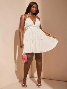 SHEIN BAE Große Größen Weißes ärmelloses Mini-Kleid mit Halsbindung - Weiss - Übersicht 1
