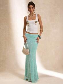 SHEIN BAE Women's Blue Sequin Sheer Vacation Skirt - Blue - View 6