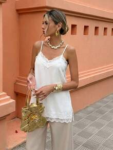 Selianne Áo hai dây ngắn nữ kiểu dáng thành thị, xẻ tà, phối ren, màu trơn. - trắng - Xem 6