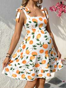 SHEIN Đầm bầu mùa hè kiểu Pháp in họa tiết chanh, thắt eo vai, xếp ly ở gấu váy. - Nhiều màu - Xem 1