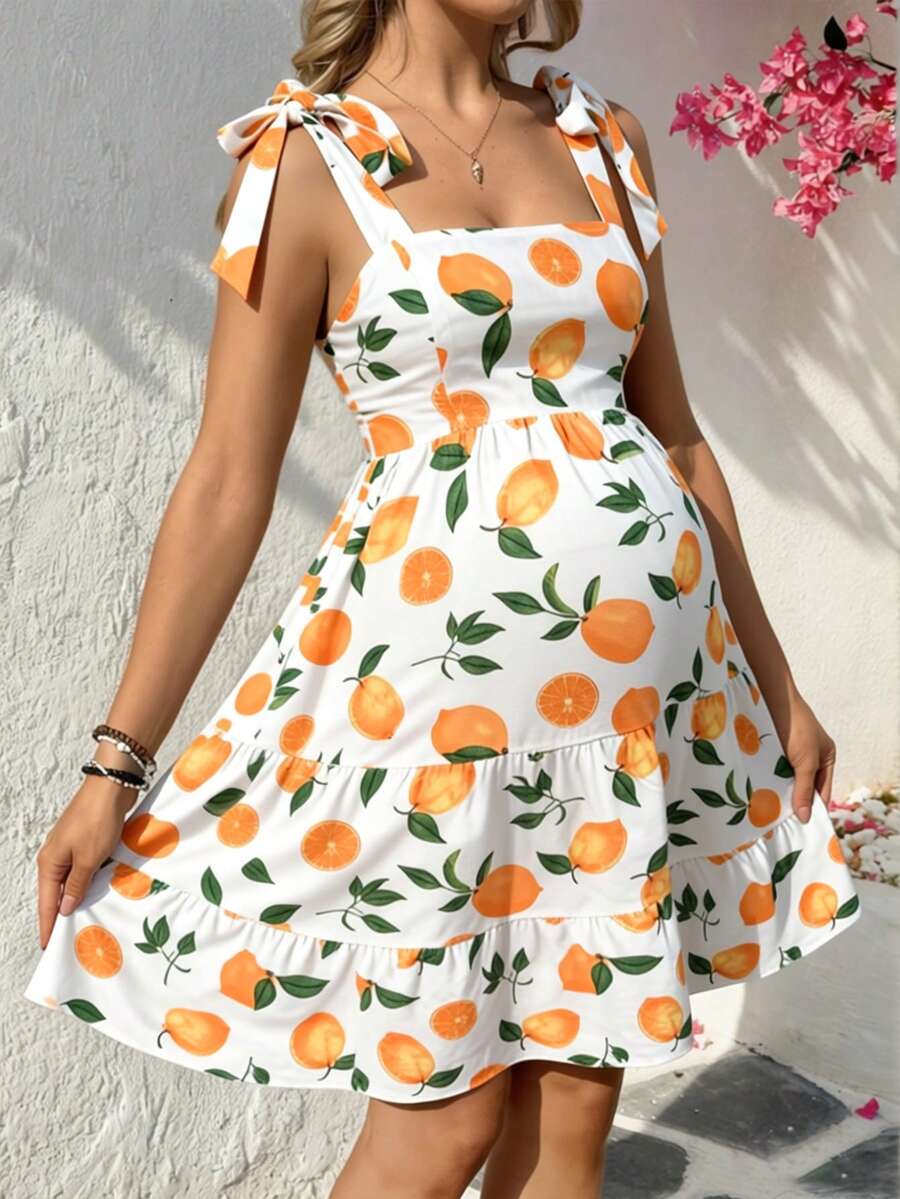 SHEIN Đầm bầu mùa hè kiểu Pháp in họa tiết chanh, thắt eo vai, xếp ly ở gấu váy. - Nhiều màu - Xem 1