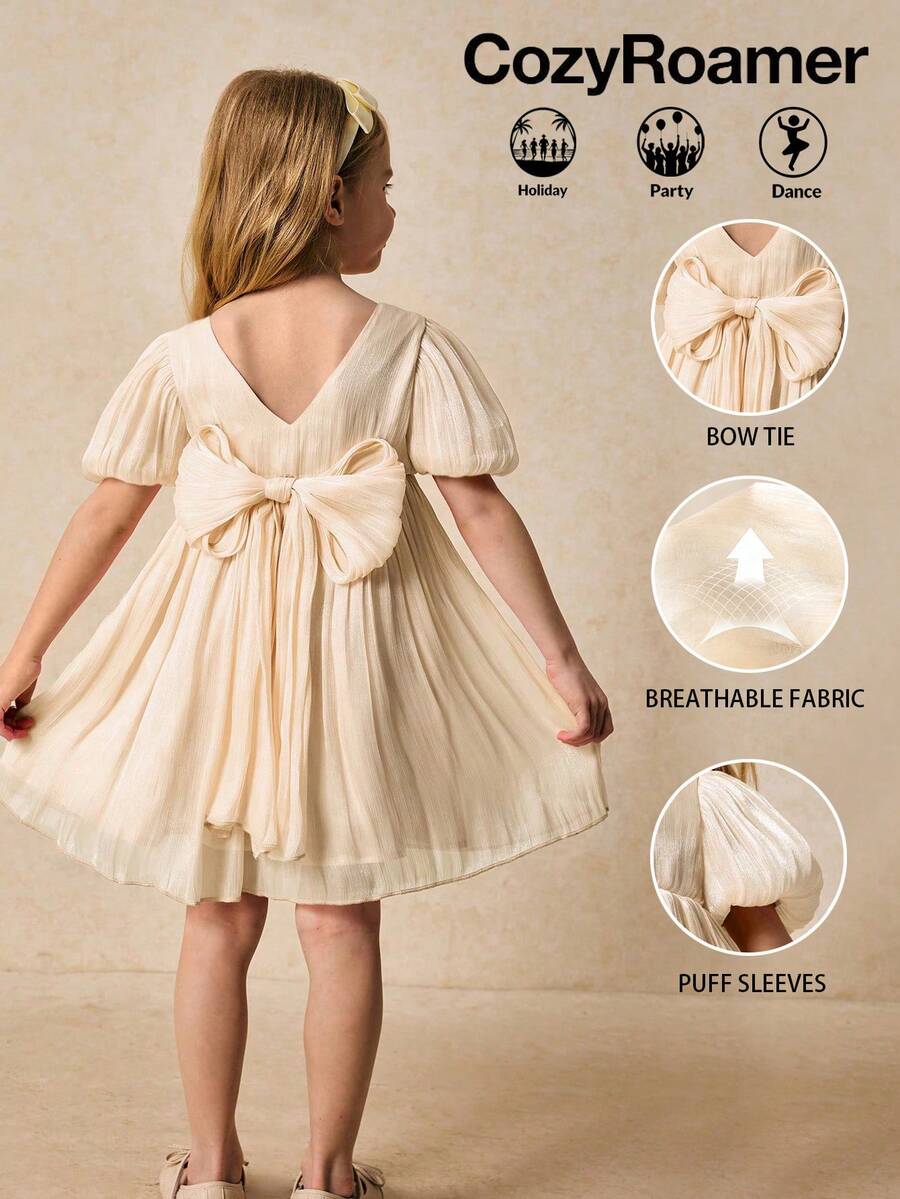 SHEIN 女童优雅粉色蝴蝶结装饰派对连衣裙，春夏 - 杏色 - 查看 1