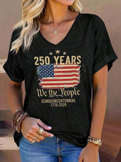 EMERY ROSE Maglietta vintage con scollo a V con stampa del 250° anniversario dell'America, con polsini arrotolati, camicia patriottica casual e ampia, maglietta da donna per il Quarto di Luglio, maglietta grafica da donna, perfetta per il tempo libero quotidiano e gli eventi nazionali, outfit estivo da donna, magliette vintage da donna, top per compleanni da donna a maniche corte, abbigliamento patriottico da donna