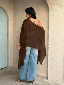 Rustia Plus Size Brown Plain Asymmetrical Hem Semi-Sheer Cloak Sleeve Regular Length Blouse - Brown - View 2