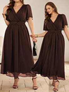 Roveilla 女士雪纺褶皱面料交叉扭结腰部褶皱后背松紧腰A字喇叭袖长连衣裙，优雅法式复古办公室通勤商务度假休闲街头风简约百搭下午茶派对春夏装 - 巧克力棕 - 查看 6