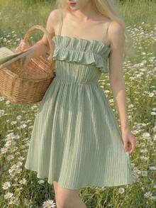 SHEIN Tween Girl Elegant Ruffle Cinching Waist Cami Dress - Green - View 1