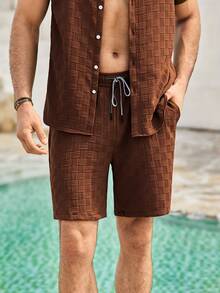 Mercer Haus Chemise boutonnée unie et shorts pour hommes pour l'été, convenant pour les vacances tropicales d'été à Hawaï. - Marron - Voir 6