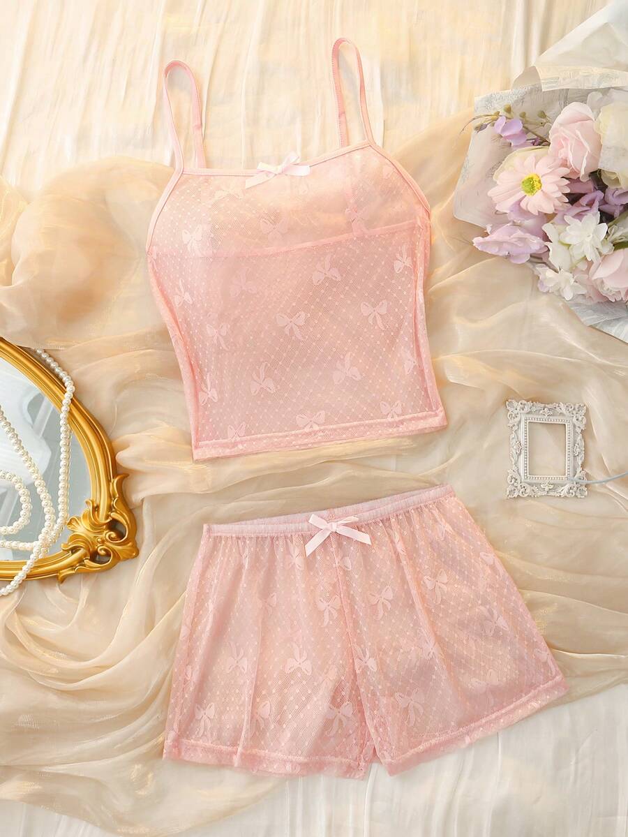 Bộ đồ lót lưới jacquard thắt nơ gợi cảm dành cho nữ - Hồng - Xem 1