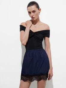 Aveloria Modichic Women Satin Textured Navy Blue A-Line Skirt,Autumn Elegant Date Night Eyelash Lace Patchwork Hem Retro Wedding Guest Dress For Women - Navy Blue - View 2