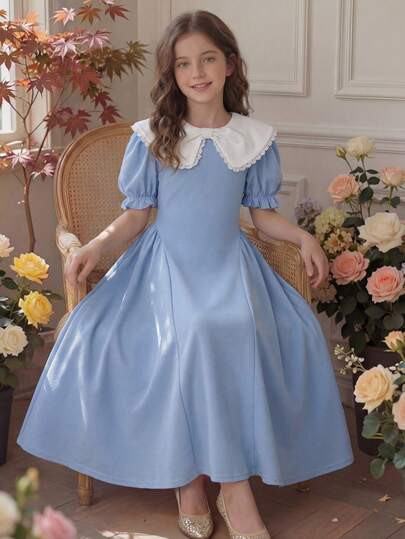 Pitira Tween Girls Partywear Elegant Casual Holiday Dress, With Peter Pan Collar, Puff Sleeves, Ruffle Hem, Bow Detail, In Blue Color, Suitable For Spring/Summer, Outdoor And Holiday Wear Classy Girl Dresses For Girls Collared Dress Girls
