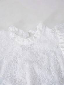 SHEIN 少女圆领喇叭袖蕾丝拼接褶裥下摆连衣裙，适合日常穿着或参加派对，四季皆宜。 - 白色 - 查看 8