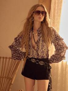 MOTF STUDIO WOMEN'S ALLOVER PRINTED OPEN FRONT RUFFLE TRIM TIE WAIST BLOUSE - Multicolor - View 1