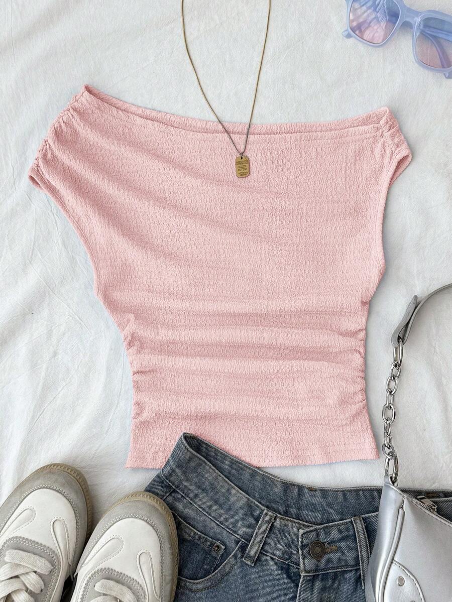 少女白色针织休闲简约波点印花不对称褶皱短款上衣，适合春夏穿着，休闲百搭，个性风格，日常穿着，可爱上衣 - 粉色 - 查看 1