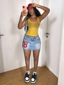 StreetHx Women's Fashionable Casual Versatile Printed Short Denim Skirt - Black - View 1