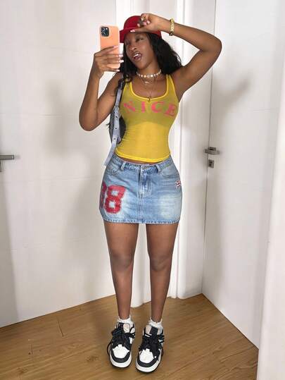 StreetHx Women's Fashionable Casual Versatile Printed Short Denim Skirt