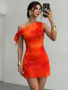 Firerie 女士新款碎花不对称露肩性感优雅度假迷你连衣裙，网纱碎花连衣裙，不对称领口连衣裙，春夏服装，沙滩装，优雅，性感，度假，海滩，夏威夷，约会，派对，音乐节，毕业礼服，舞会礼服 - 橘色 - 查看 5