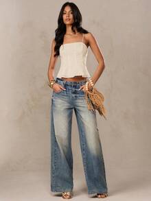 SHEIN BAE Áo hai dây croptop màu trắng, chất liệu pha lanh, thêu hoa 3D, thích hợp cho mùa hè, đi biển, kỳ nghỉ ở miền Nam nước Pháp, Ibiza, Ý. - Màu be - Xem 8