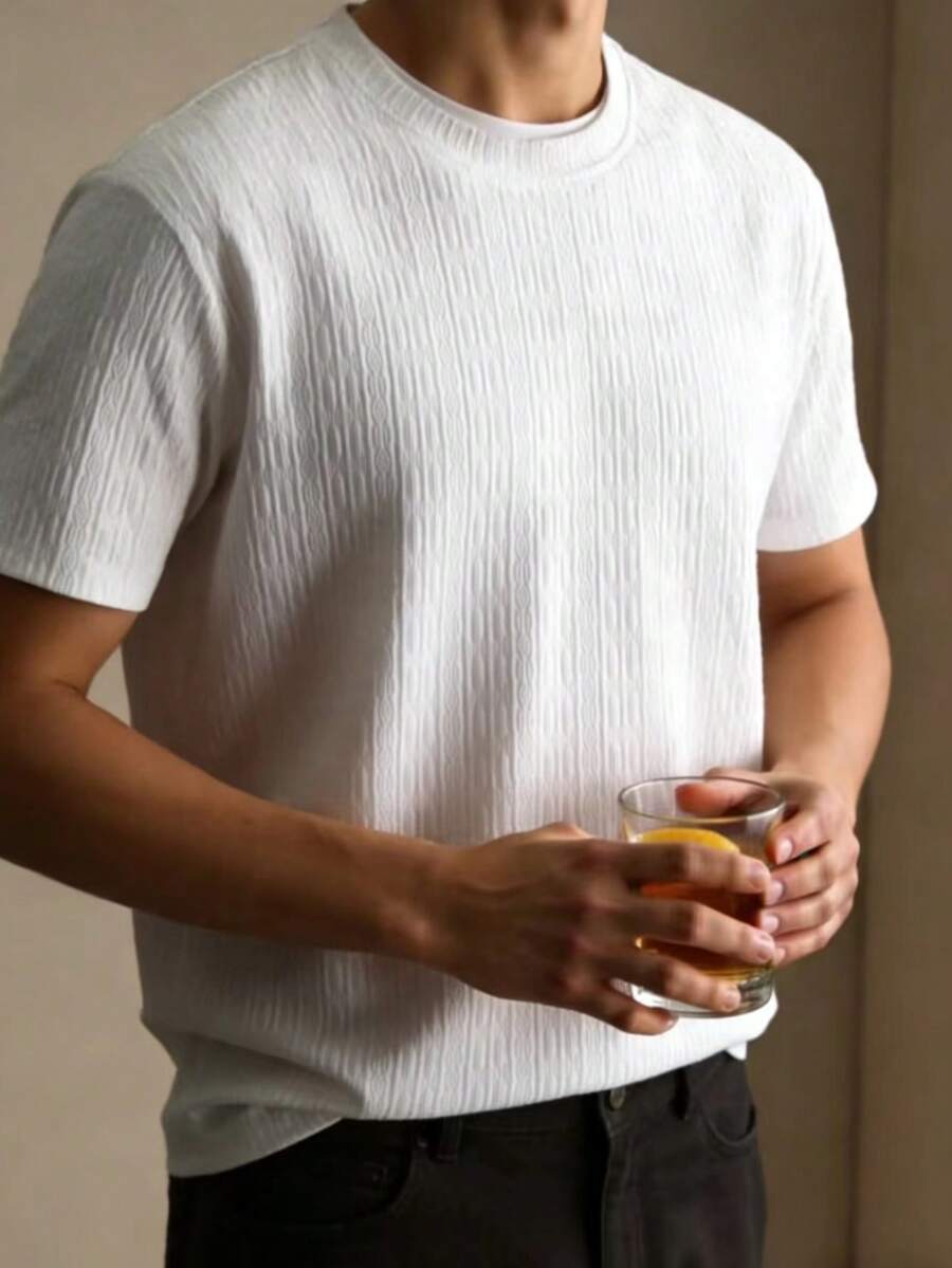 Manfinity Roghcode Kaos Pria Lengan Pendek Polos Bertekstur, Warna Putih Polos, Kasual Musim Panas, Liburan, Vintage, Pesta, Festival, Hadiah untuk Pacarku - Putih - View 1