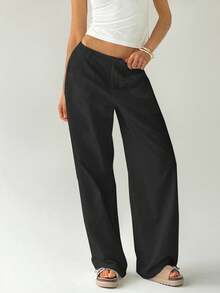 SHEIN Tall CURVE 大码休闲百搭通勤纯色宽松裤 - 黑色 - 查看 5