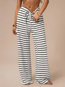 SHEIN Tall CURVE 大码条纹印花打结休闲裤 - 黑與白 - 查看 5