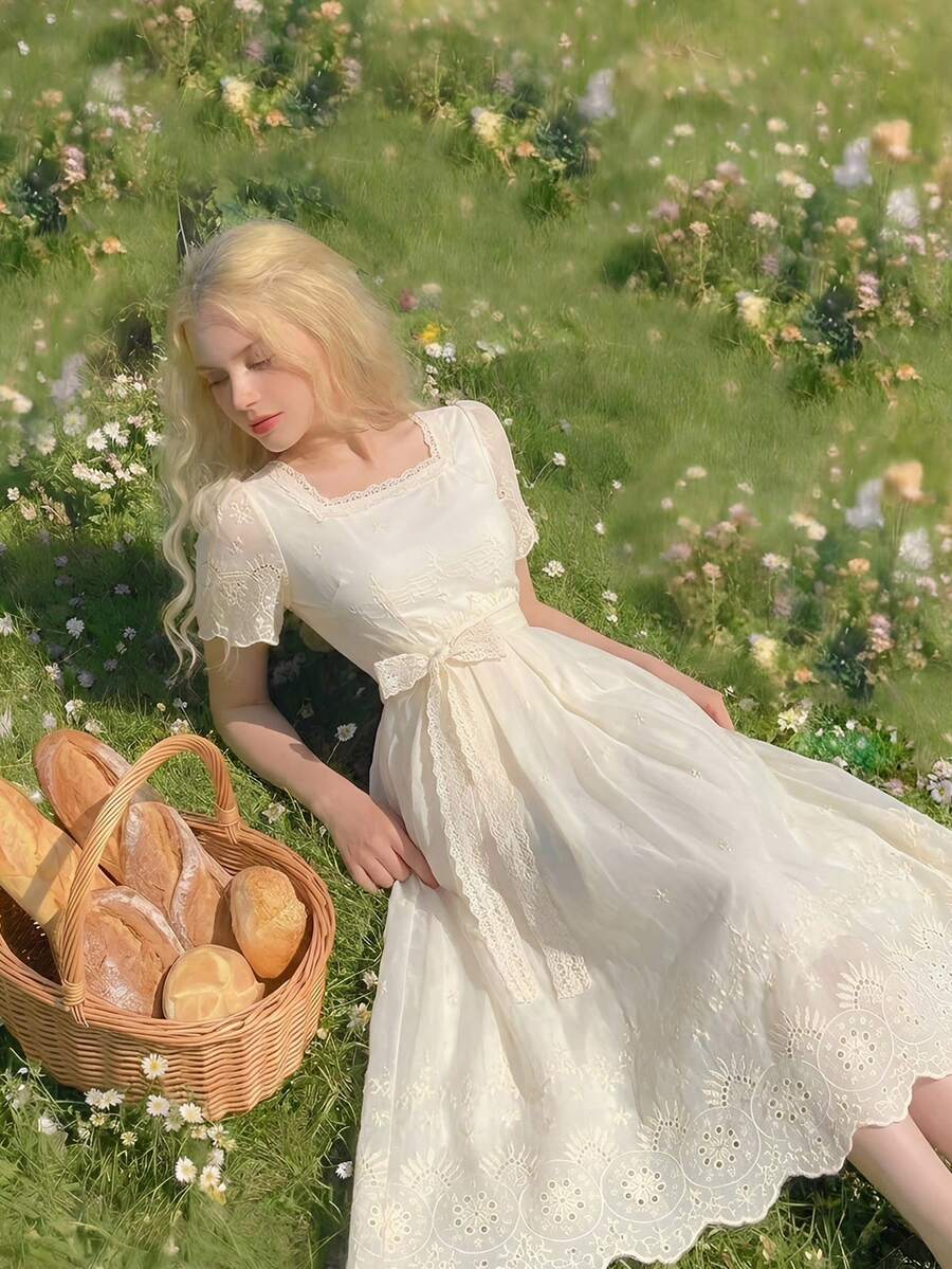 DAZY Casual Lace Embroidery Dress, French Style Slimming Summer Dress For Women - Apricot - View 1