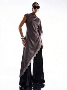 LYSMO 2026新款极简春夏女装优雅通勤巧克力棕色蕾丝边不对称下摆T恤、不对称衬衫、不对称上衣、不对称连衣裙 - 巧克力棕 - 查看 5