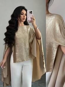 Elenzga Khăn choàng Poncho mỏng nhẹ ánh kim mới cho mùa Xuân/Hè, trang phục thường ngày thanh lịch đa năng, phù hợp cho du lịch và chụp ảnh, kiểu áo cổ tròn. - Vàng - Xem 7