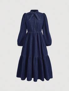 蓝色牛仔花瓣袖翻领连衣裙，适合少女穿着 - 深色水洗藍 - 查看 3