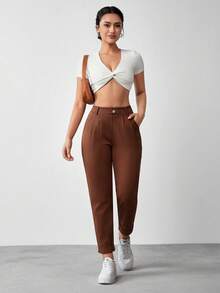 Jeanoix Women's Casual Business Casual Minimalist Straight Tapered Pants, Autumn Work Office Brown - Brown - View 5