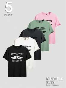 Manfinity Homme 5pcs/Set Men's Casual Letter Print Short Sleeve T-Shirts, Summer - Multicolor - View 3