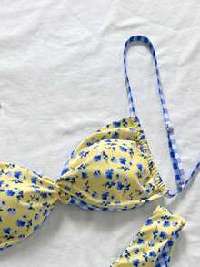 Swim Mod 女士夏季度假休闲沙滩装花卉格子印花比基尼两件套泳衣，配有可调节肩带 - 彩色 - 查看 3