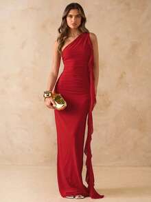 SHEIN BAE Vestido largo con volantes asimétricos, espalda descubierta y tela de malla, elegante vestido de playa para vacaciones, primavera/verano - Rojo - Ver 3