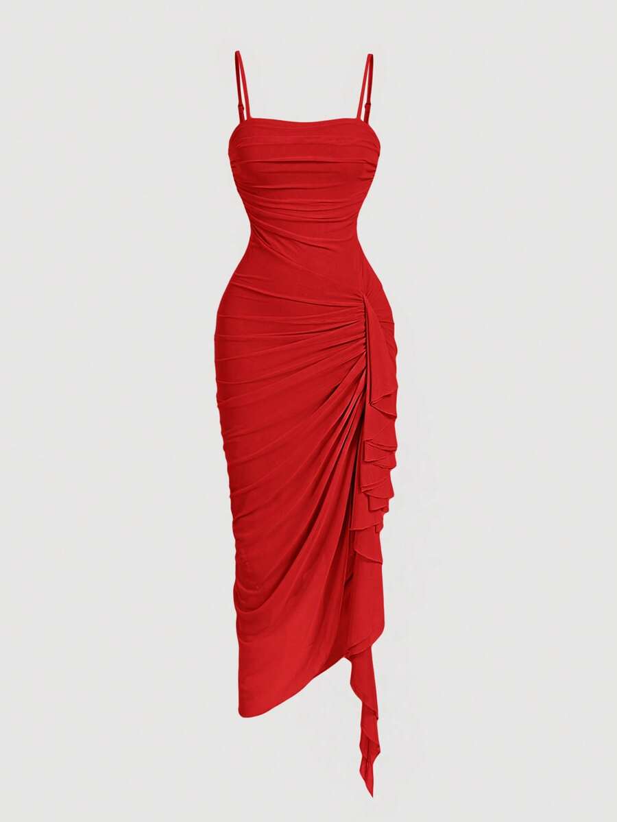 SHEIN MOD Váy suông xếp nếp màu trơn cho nữ, váy viền bất đối xứng, váy dây mảnh màu xanh lam - Đỏ - Xem 1