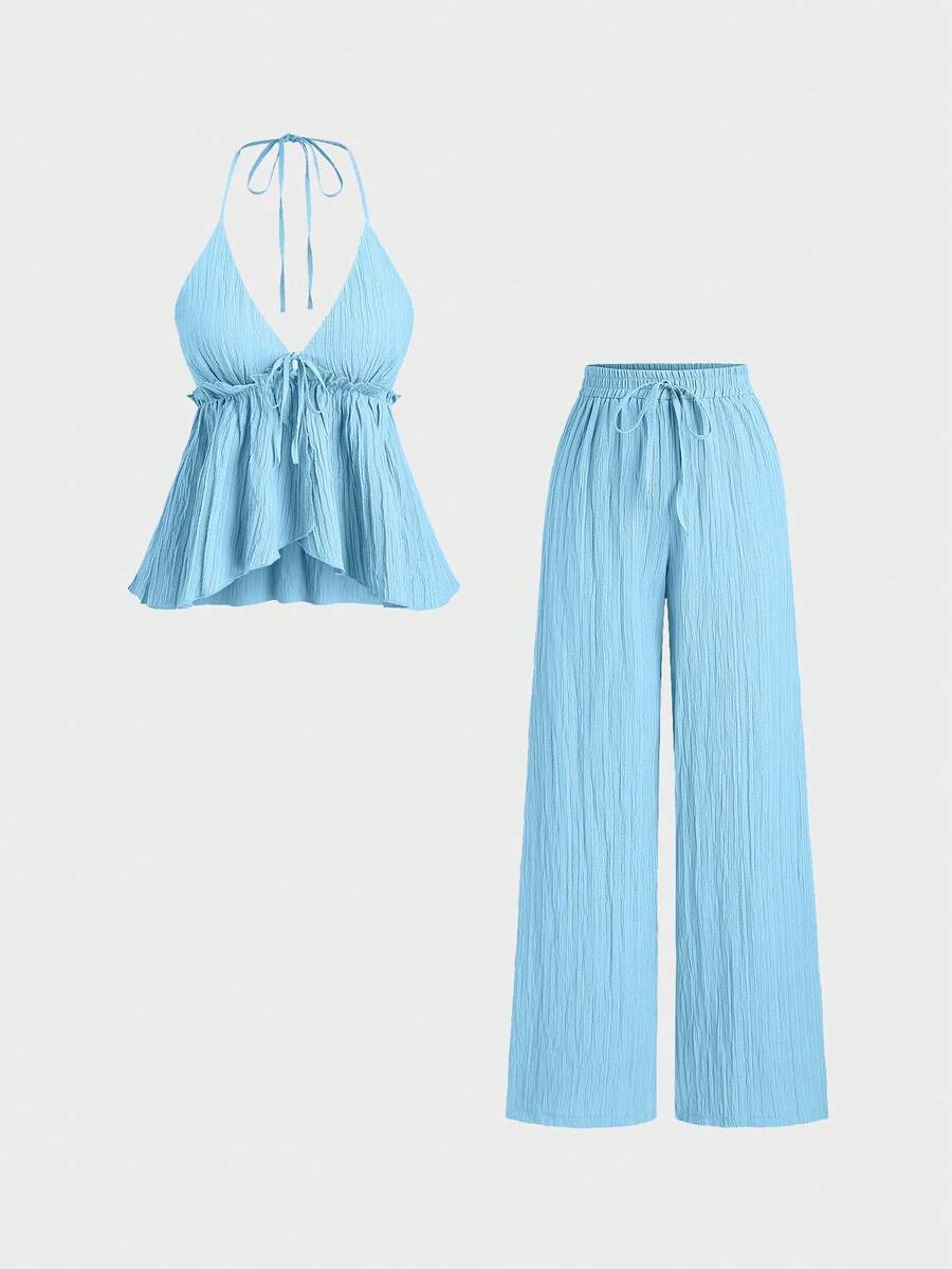 Sweetra Women's Romantic Tie-Front Asymmetric Hem Halter Top And High Waist Elastic Waist Textured Pants 2 Pieces Set - Blue - View 1