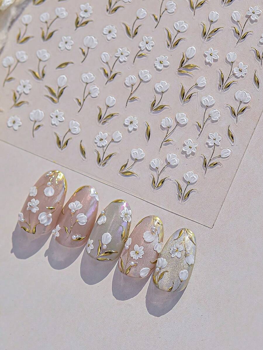 1张5D立体浮雕自粘美甲贴纸，金色烫金叶子玉兰花春季美甲贴花，美甲用品 - 彩色 - 查看 1