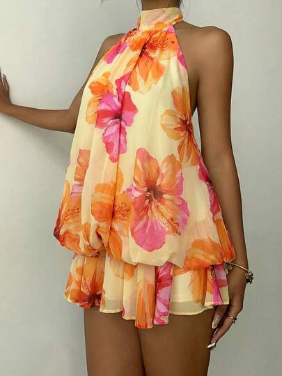 Aloruh Đầm ngắn hở lưng cổ yếm in hoa dành cho nữ, thích hợp cho kỳ nghỉ hè.