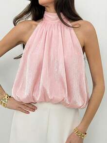 Aloruh 女士无袖高领露脐上衣，时尚优雅，系带设计，夏季 - 粉色 - 查看 6