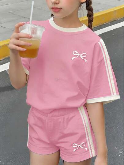 2pcs/Set Tween Girls Casual Bowknot Decor Striped Short Sleeve Crew Neck T-Shirt And Shorts Set, Suitable For Summer, Autumn Outfits, Easy Comfort, Autumn Layers For Kids, Stylish Girls, Casual Wear, Kids Graphic Clothes, Back To School, Fall Clothes, Homecoming